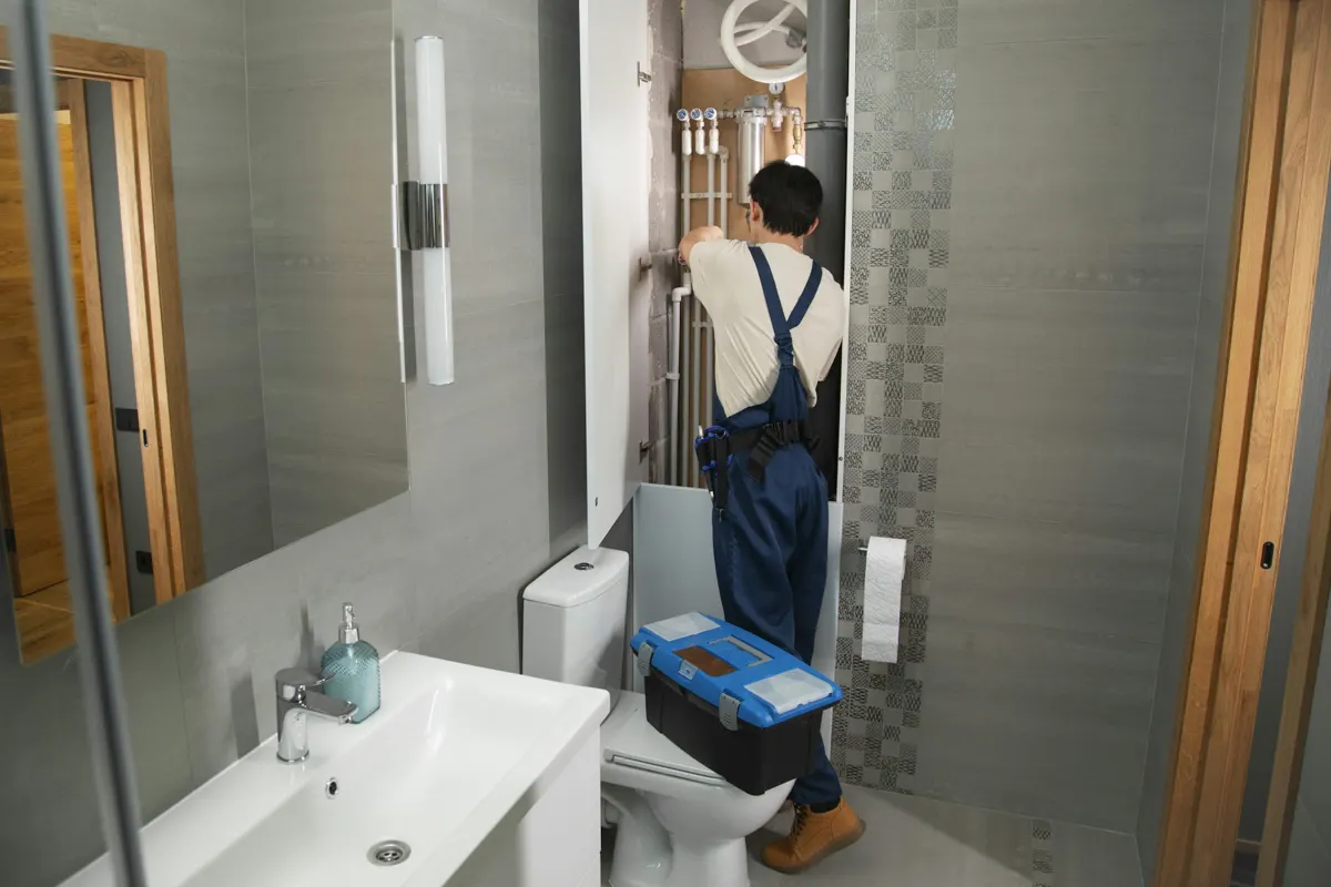 Clean style demo — tradesperson at work in a bathroom renovation